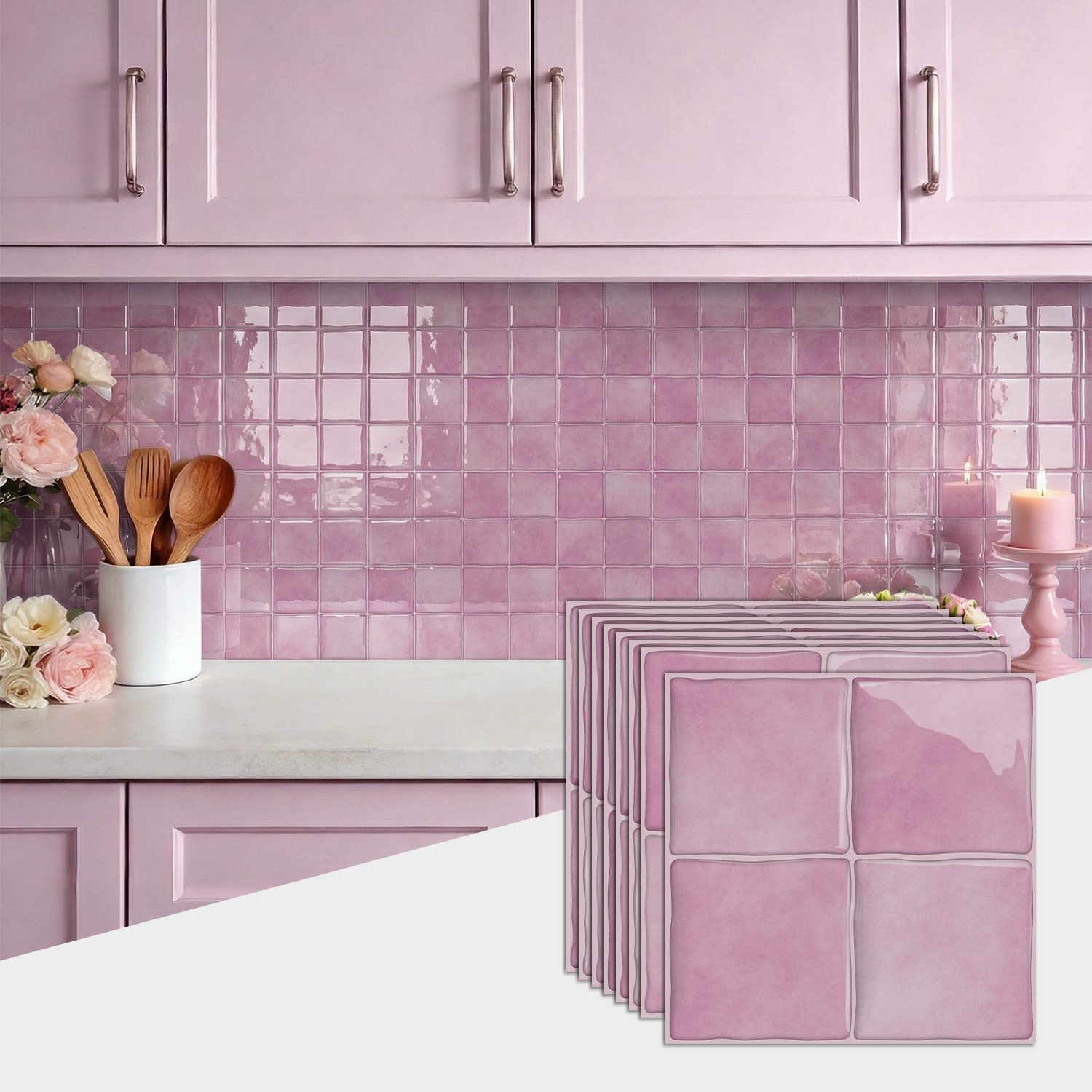 Commercial Kitchen Wall Panels - 3D Epoxy Pink Tile Wall Stickers